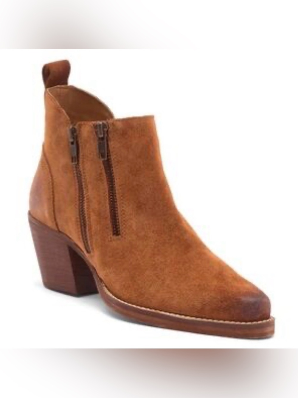 Women's Suede Ankle Bootie in Cognac with Dual Zippers